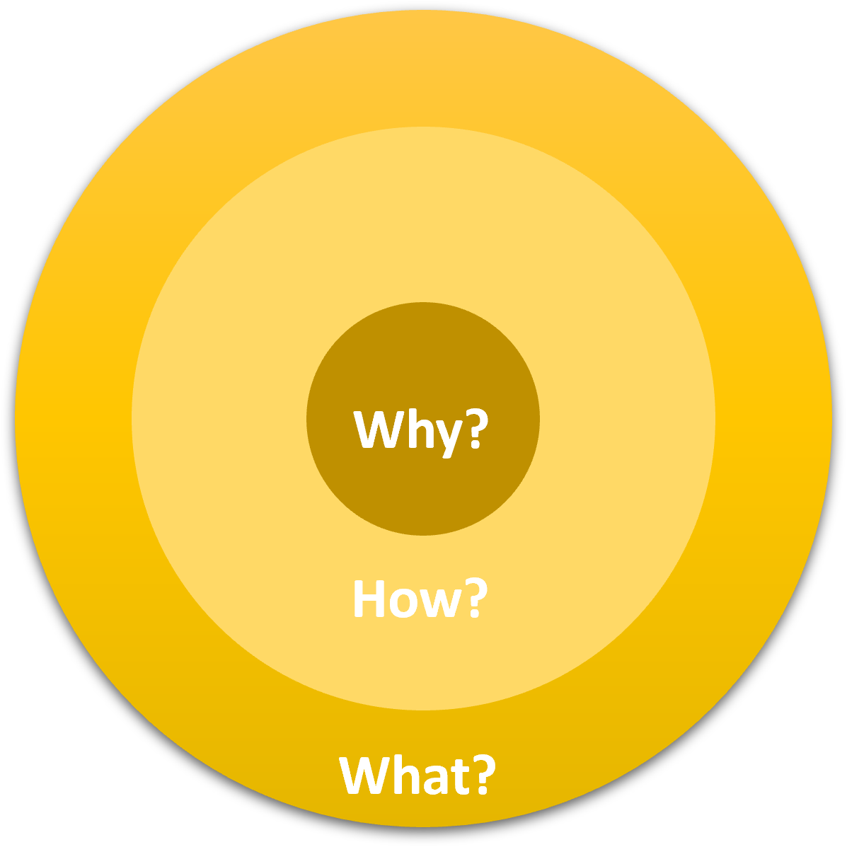 Circular diagram with three concentric circles labeled Why?, How?, and What? illustrating a concept of understanding purpose before process and outcome.