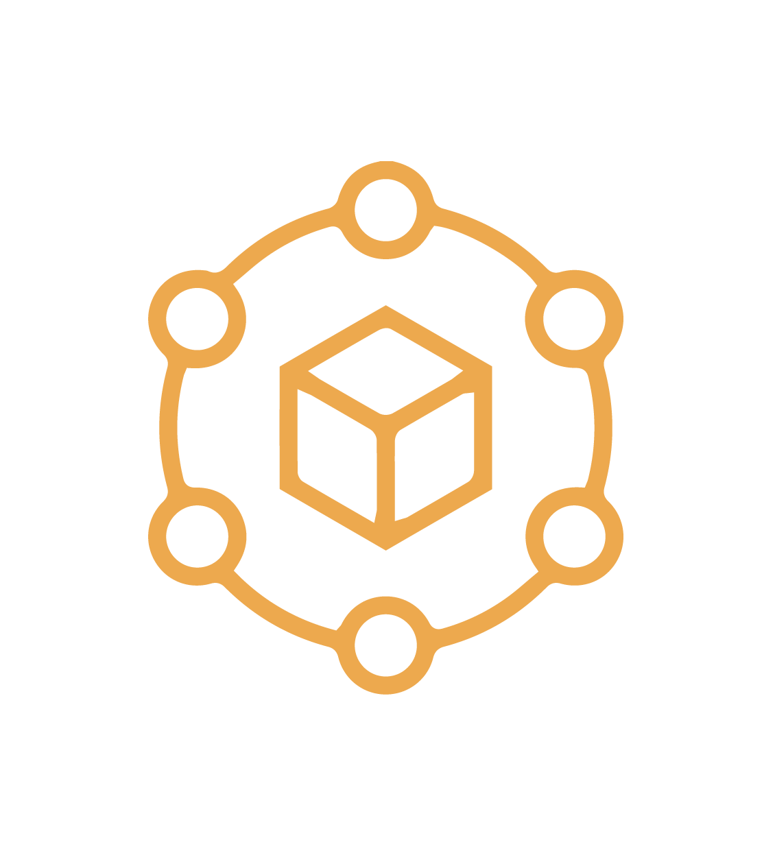 An outline of a gear with a cube at its center, representing technical processes or engineering.